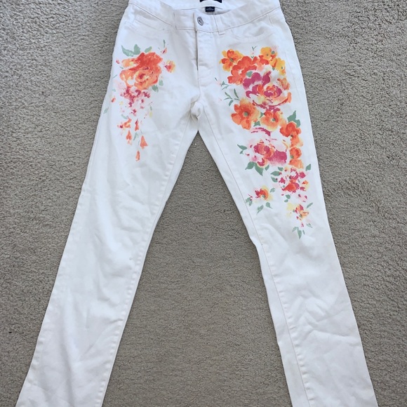 White Colorful Flower Painted Jeans 